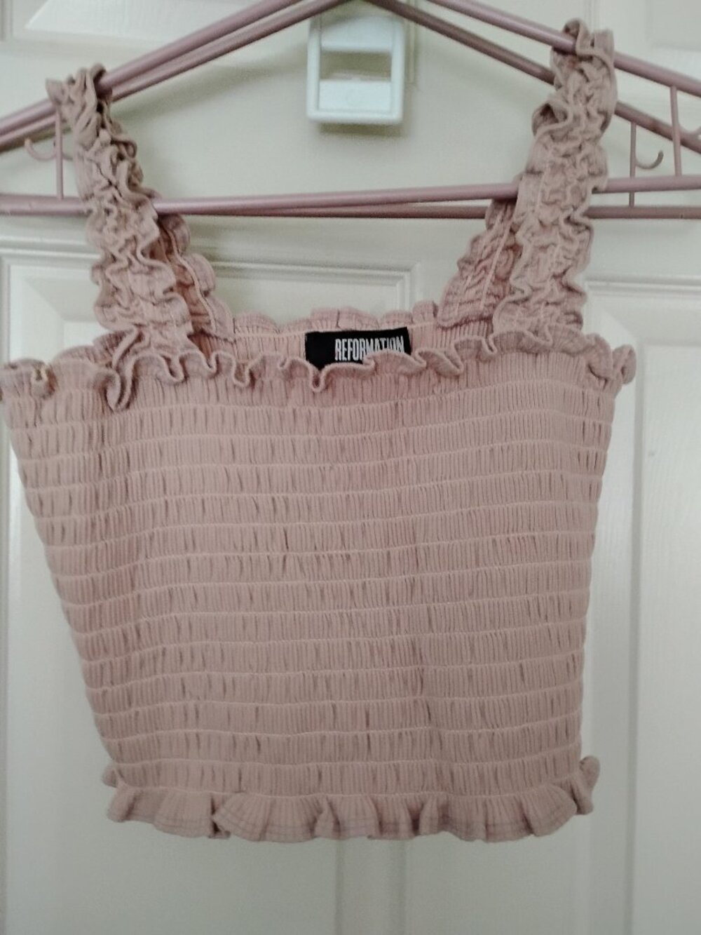 Reformation Top  Leonore Ruched Smocked Crop Blush